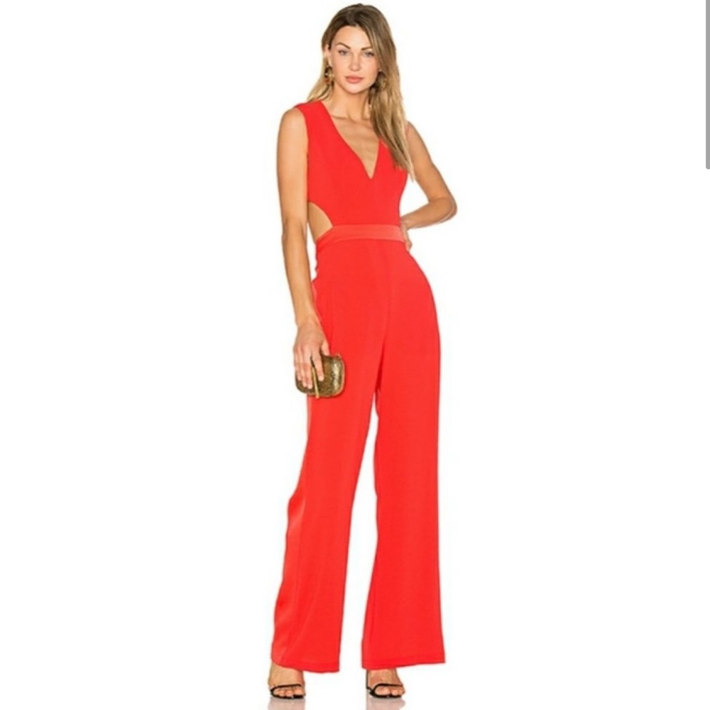 BCBGMaxAzria Red V-Neck Cutout Jumpsuit